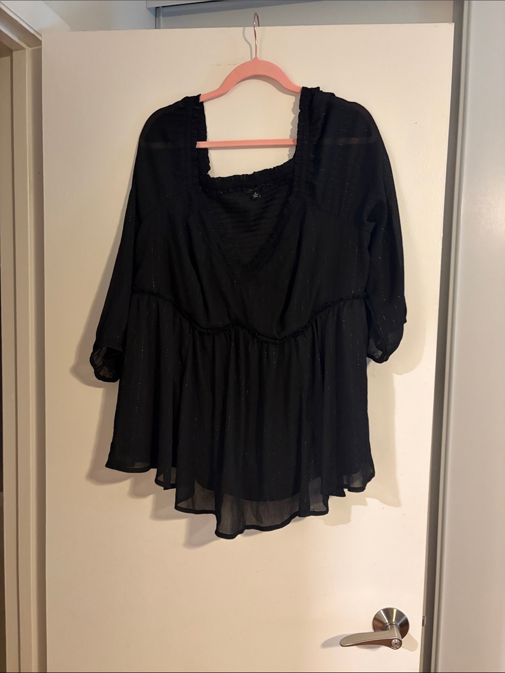 torrid Black Smocked Square-Neck Peasant Tunic with Metallic Threads
